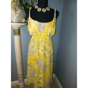 K & Company Midi Dress Women's Size 10 Yellow Floral Pleated Sleeveless Back Zip